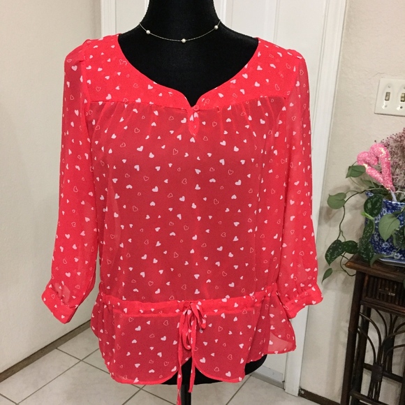 Charlotte Russe Tops - 2/$20 ~ ❤️ White Hearts On Red Sheer Blouse with 3/4 Sleeves